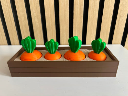 3D-gedrucktes Karotten-Set im Pflanzkasten – Ansicht von vorne